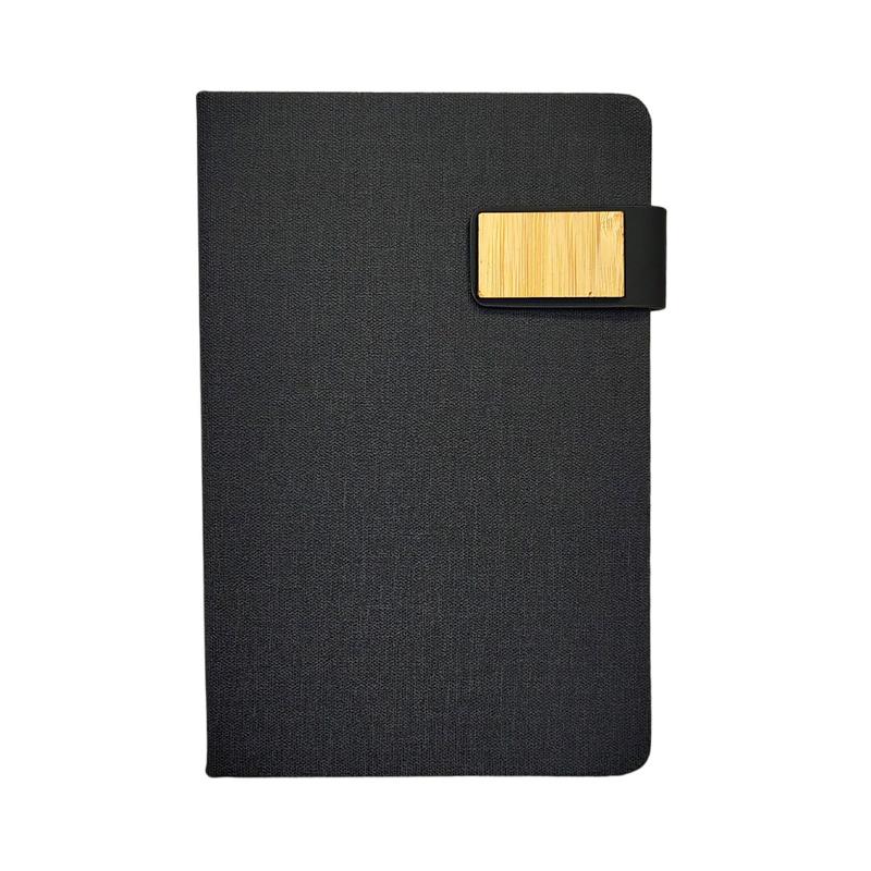 Black - RPET Fabric Notebook With Bamboo Magnetic Enclosure & Pen Loop